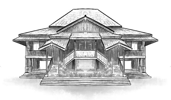 gambar sketsa Rumah adat nuwo sesat Lampung